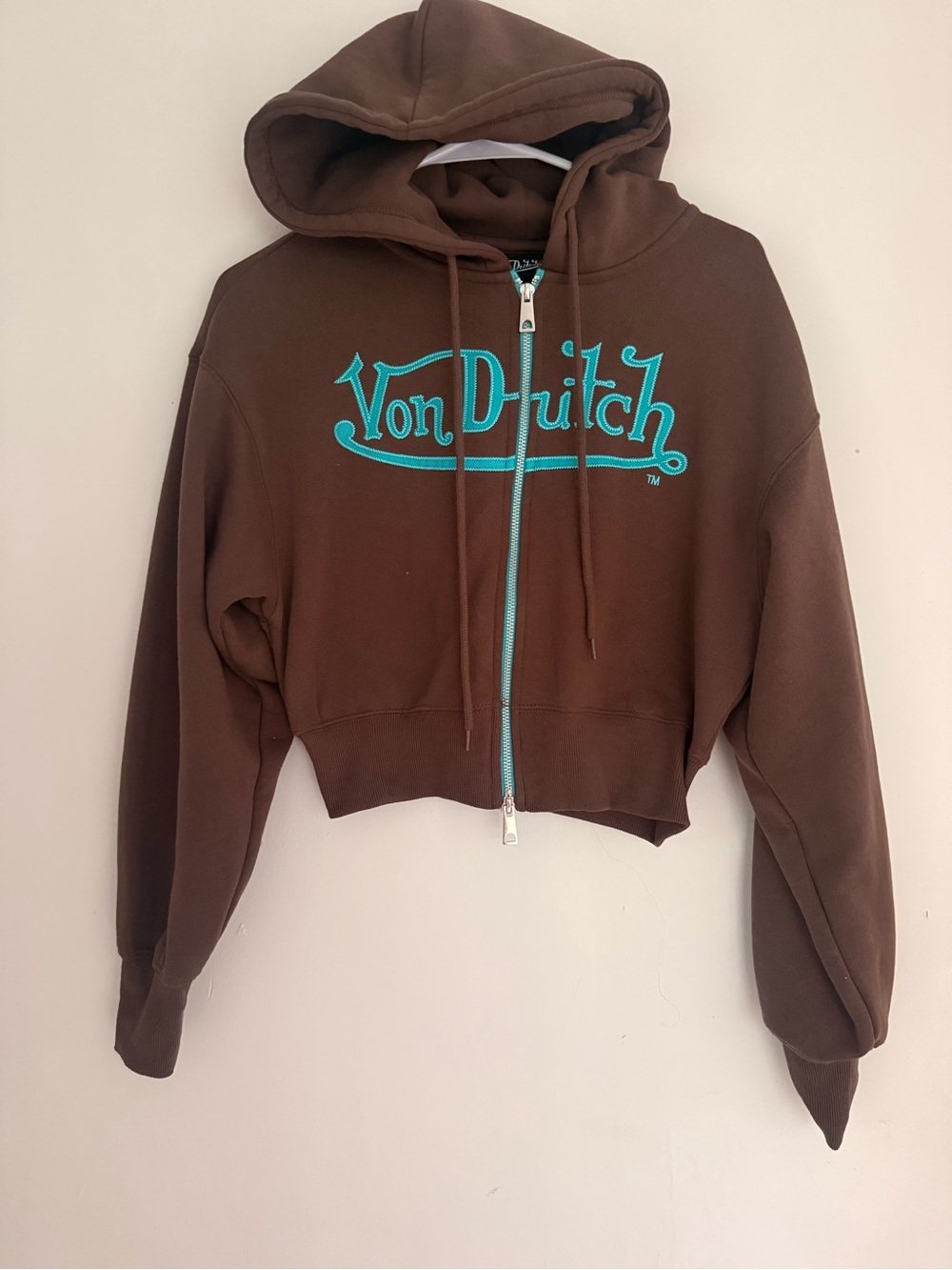 Von Dutch Brown Cropped Zip-Up Hoodie Embroidered Logo NWT Size S